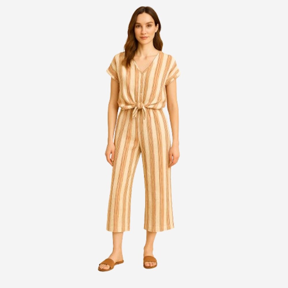 Anthropologie Cloth & Stone Linen Tie Waist Crop Top and Cropped Wide Leg Pants